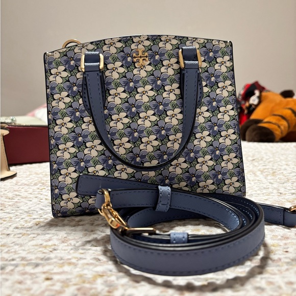 Tory Burch Handbags - Tory Burch Blue Floral Mini Satchel with Gold Hardware